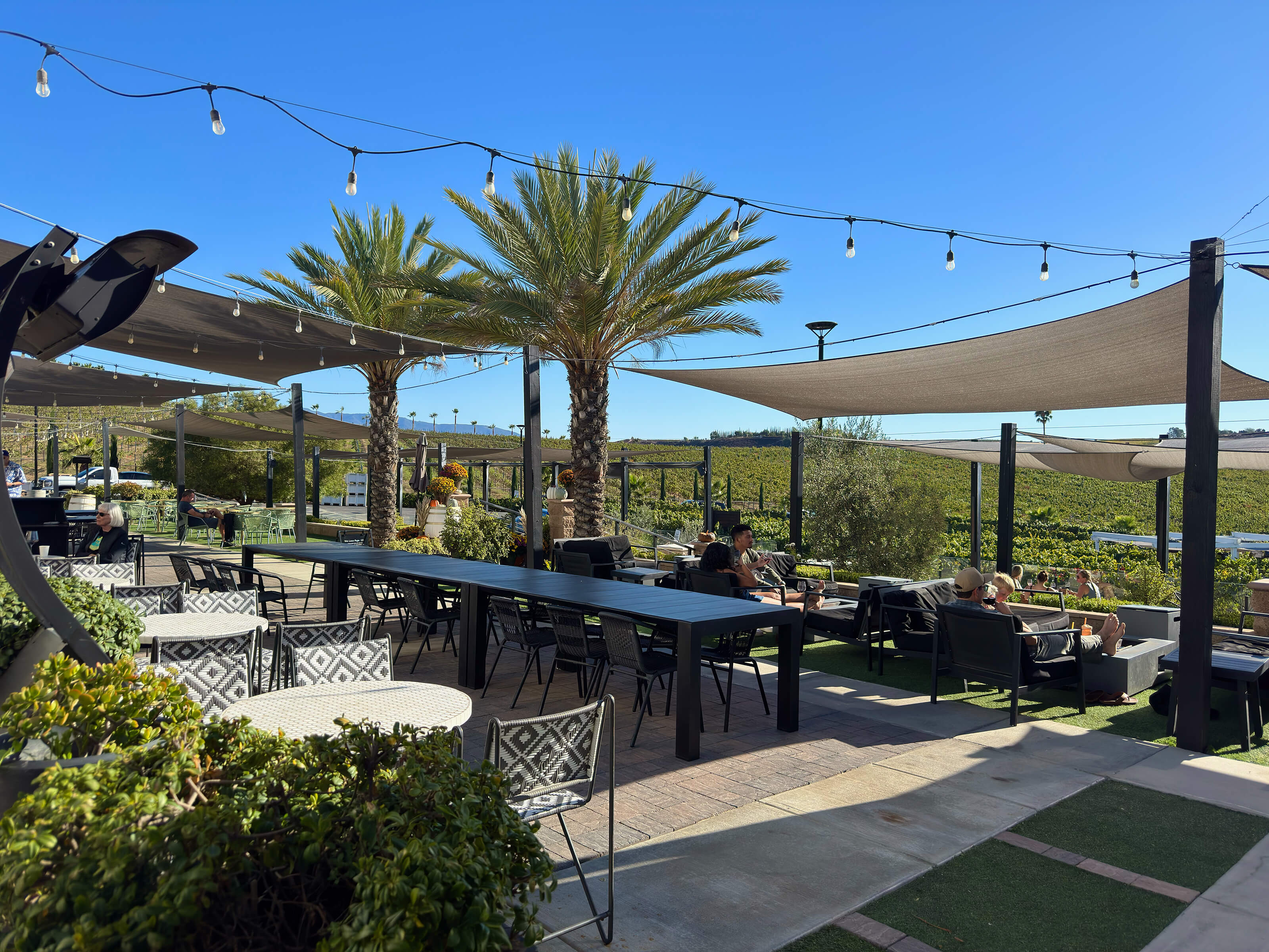 A patio with lounge furniture overlooking a vineyard.